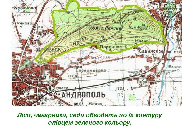 Ліси, чагарники, сади обводять по їх контуру олівцем зеленого кольору. 