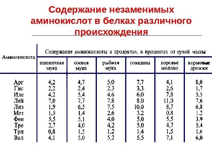 Содержание незаменимых аминокислот в белках различного происхождения 