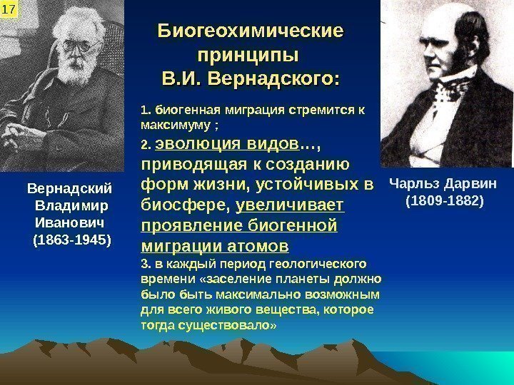 Биогеохимические принципы В. И. Вернадского: Чарльз Дарвин  (1809 -1882)Вернадский Владимир Иванович (1863 -1945)