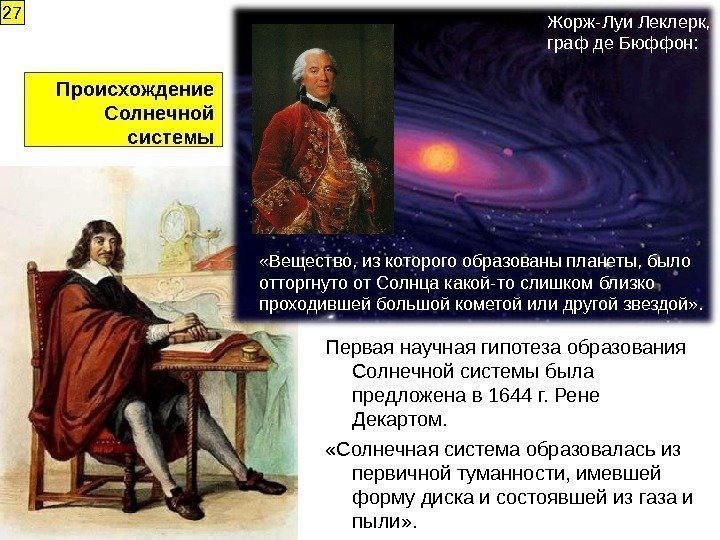 Происхождение Солнечной системы Первая научная гипотеза образования Солнечной системы была предложена в 1644 г.