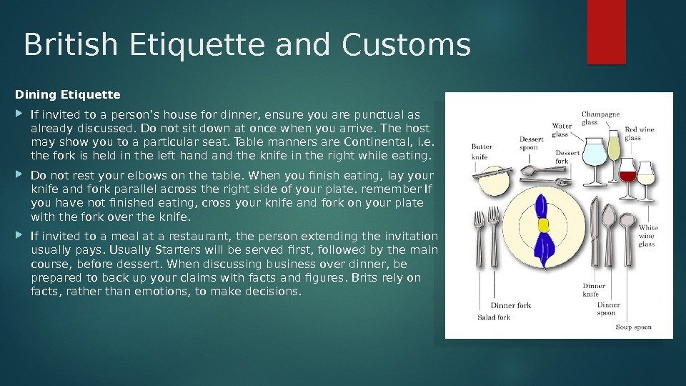British Etiquette and Customs Dining Etiquette If invited to a person’s house for dinner,