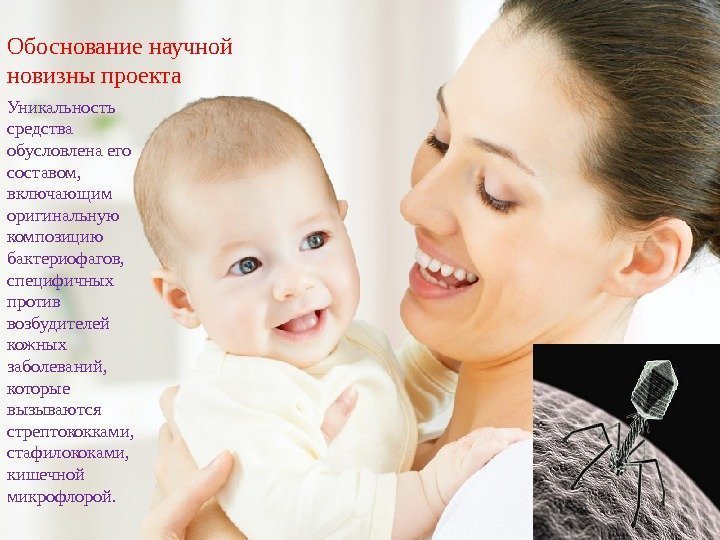 Обоснование научной новизны проекта Уникальность средства обусловлена его составом,  включающим оригинальную композицию бактериофагов,