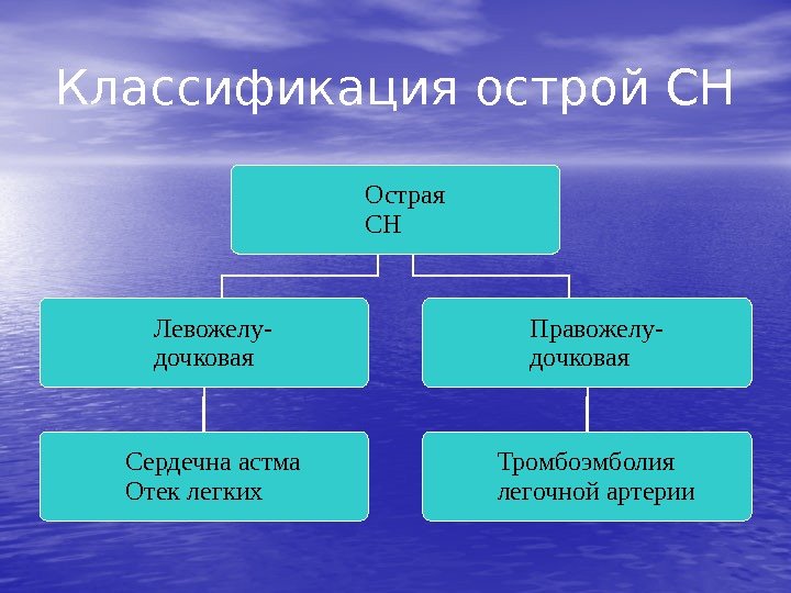 Классификация острой СН Острая СН Левожелу- дочковая Правожелу- дочковая Сердечна астма Отек легких Тромбоэмболия
