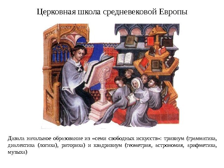 Церковная школа средневековой Европы Давала начальное образование из  «семи свободных искусств» : 