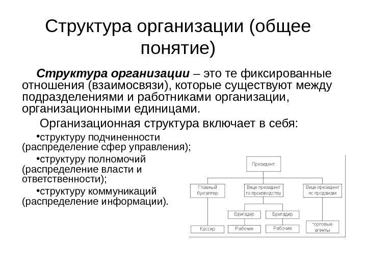   Структура организации (общее понятие) Структура организации – это те фиксированные отношения (взаимосвязи),