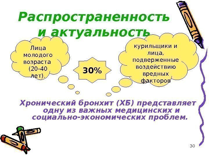 30 Распространенность и актуальность Хронический бронхит (ХБ) представляет одну из важных медицинских и социально-экономических