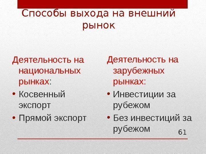 Способы выхода на внешний рынок Деятельность на национальных рынках :  • Косвенный экспорт