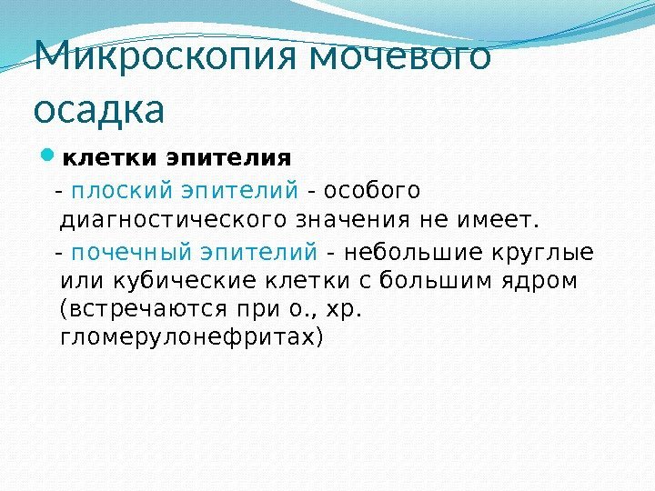 Микроскопия мочевого осадка клетки эпителия - плоский эпителий - особого диагностического значения не имеет.