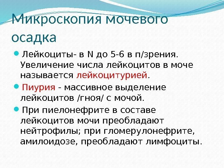 Микроскопия мочевого осадка Лейкоциты- в N до 5 -6 в п/зрения.  Увеличение числа