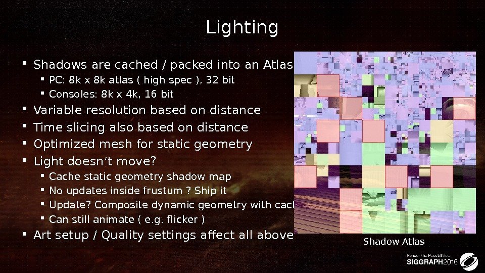 Lighting Shadows are cached / packed into an Atlas PC: 8 k x 8