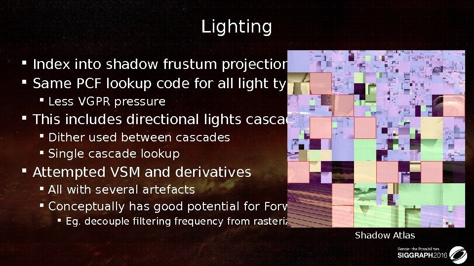 Lighting Index into shadow frustum projection matrix Same PCF lookup code for all light