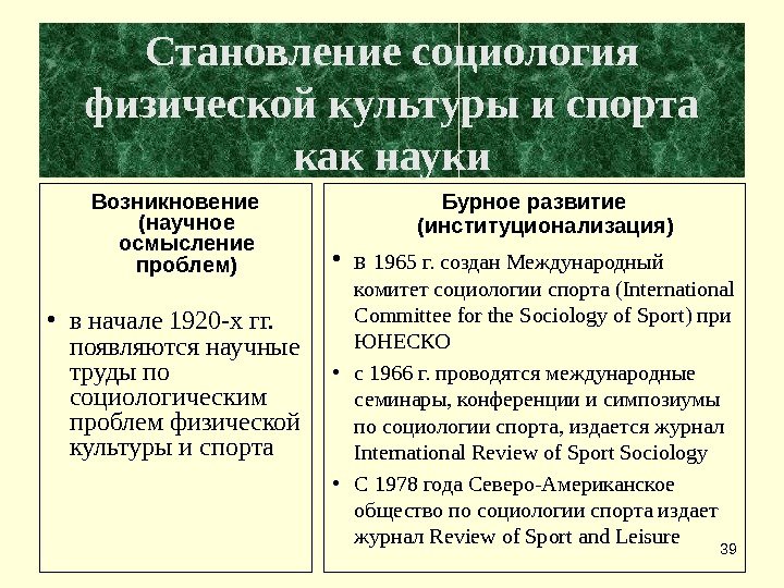 39 Становление социология физической культуры и спорта как науки Возникновение (научное осмысление проблем) •
