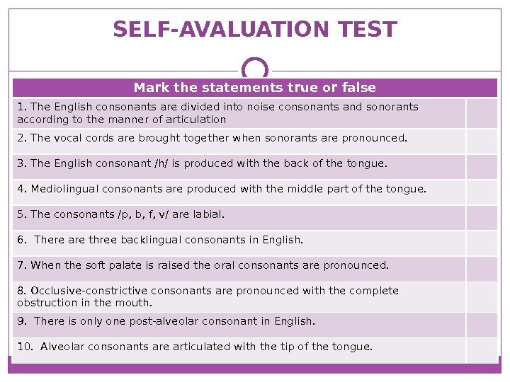 SELF-AVALUATION TEST Mark the statements true or false 1. The English consonants are divided