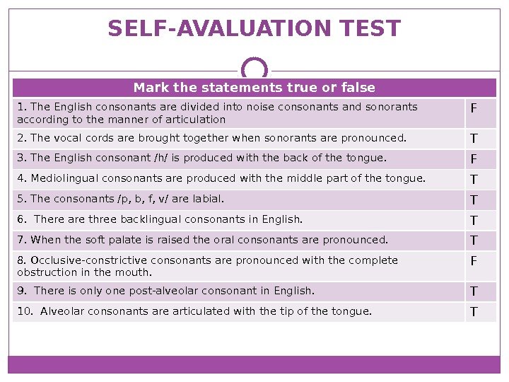 SELF-AVALUATION TEST Mark the statements true or false 1. The English consonants are divided
