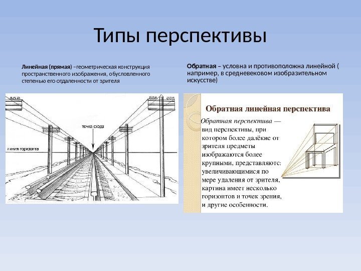 Типы перспективы Линейная (прямая ) –геометрическая конструкция пространственного изображения, обусловленного степенью его отдаленности от