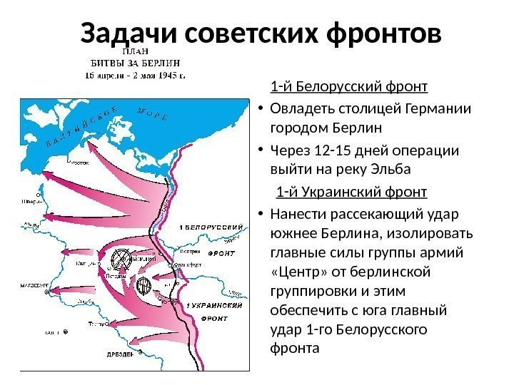 Задачи советских фронтов 1 -й Белорусский фронт • Овладеть столицей Германии городом Берлин •