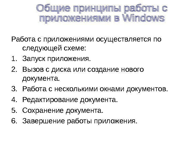   Работа с приложениями осуществляется по следующей схеме: 1. Запуск приложения. 2. Вызов