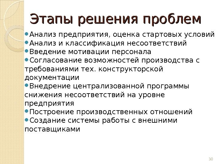 Этапы решения проблем Анализ предприятия, оценка стартовых условий Анализ и классификация несоответствий Введение мотивации