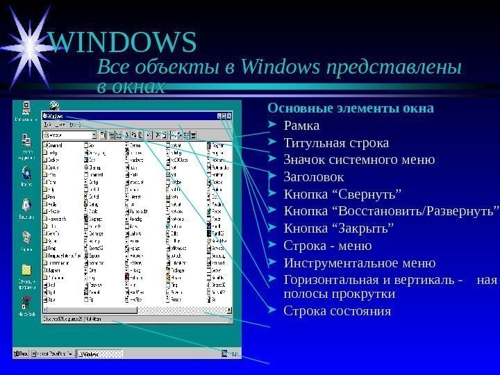   WINDOWS  Все объекты в Windows представлены в окнах Основные элементы окна