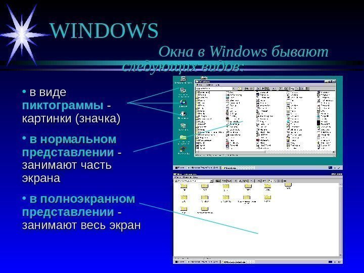   WINDOWS Окна в Windows бывают следующих видов:  • в виде пиктограммы