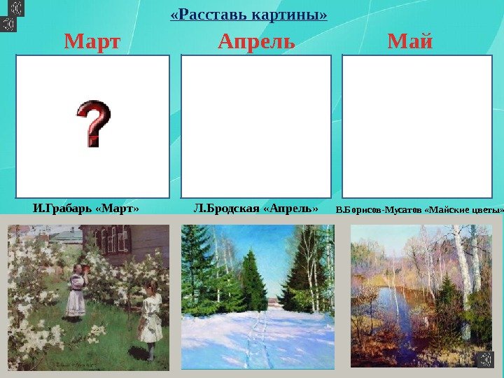 ЛЛ…. . Л. Л «Расставь картины» Март Апрель Май И. Грабарь «Март» Л. Бродская