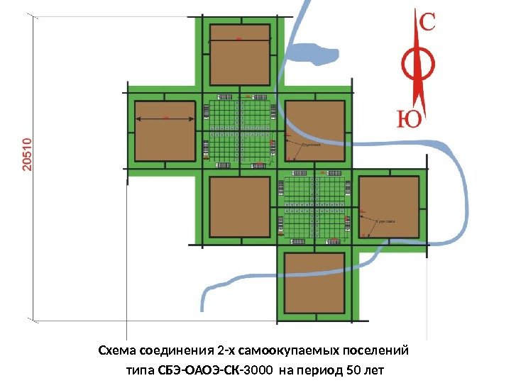 Схема соединения 2 -х самоокупаемых поселений типа СБЭ-ОАОЭ-СК-3000 на период 50 лет 