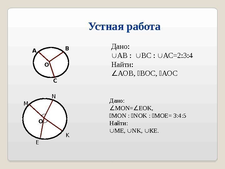 Устная работа Дано:  АВ : ВС :  АС=2: 3: 4 Найти: 