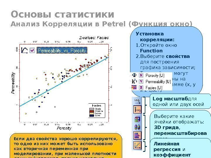 Основы статистики Анализ Корреляции в Petrel (Функция окно) Установка корреляции : 1. Откройте окно