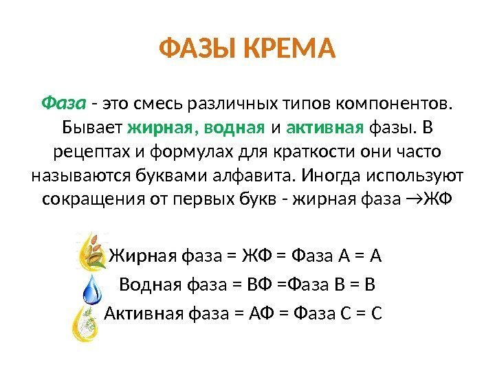 ФАЗЫ КРЕМА Фаза  - это смесь различных типов компонентов.  Бывает жирная, водная