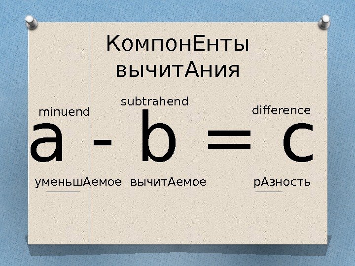 Компон. Енты вычит. Ания a - b = c уменьш. Аемое вычит. Аемое р.