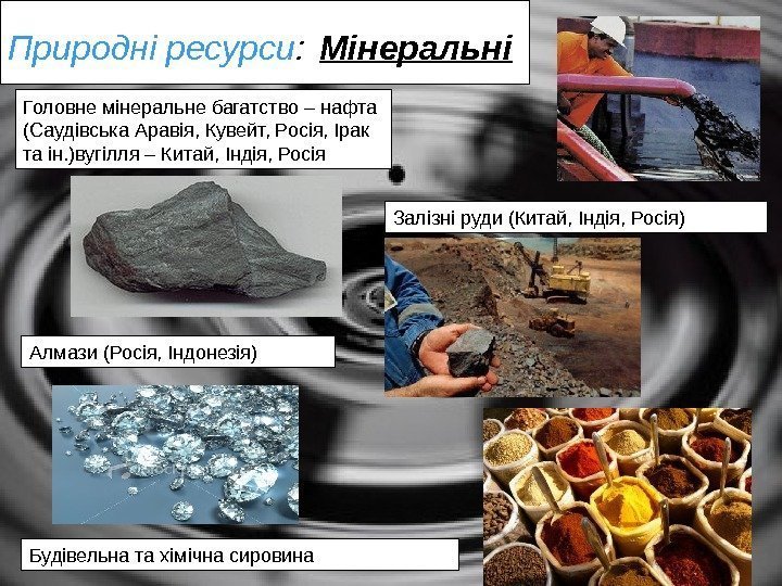 Природні ресурси :  Мінеральні Головне мінеральне багатство – нафта (Саудівська Аравія, Кувейт, Росія,