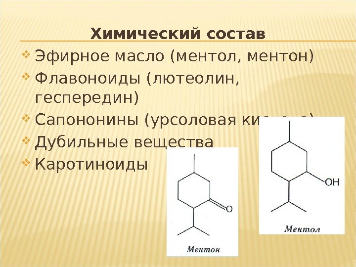 Химический состав Эфирное масло (ментол, ментон) Флавоноиды (лютеолин,  геспередин) Сапононины (урсоловая кислота) Дубильные