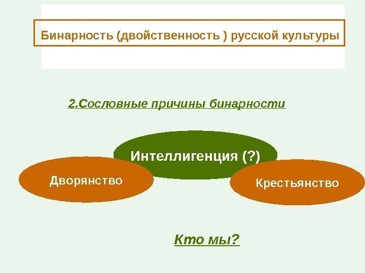 Бинарность (двойственность ) русской культуры Интеллигенция (? )2. Сословные причины бинарности Дворянство Крестьянство Кто