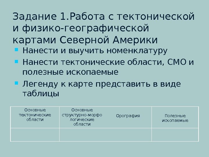 Задание 1. Работа с тектонической и физико-географической картами Северной Америки Нанести и выучить номенклатуру