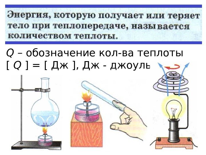 Q – обозначение кол-ва теплоты [ Q ] = [ Дж ], Дж -
