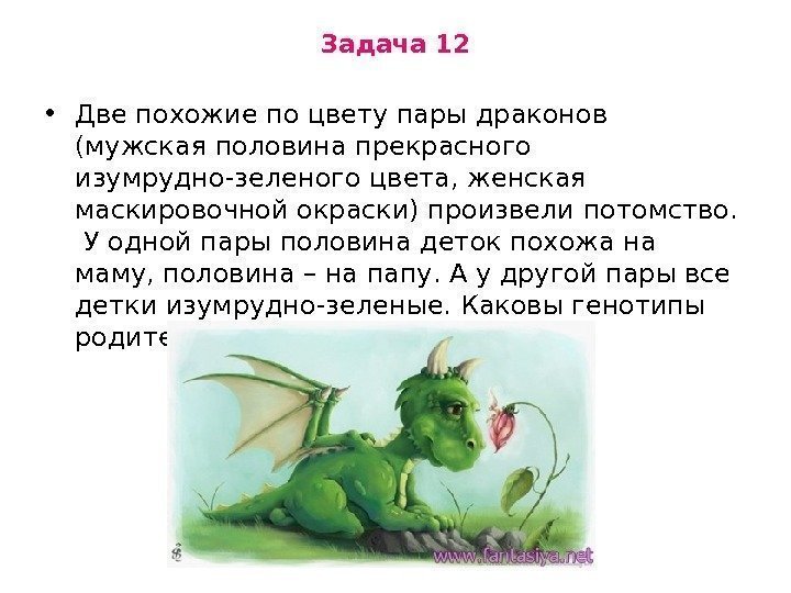 Задача 12 • Две похожие по цвету пары драконов (мужская половина прекрасного изумрудно-зеленого цвета,