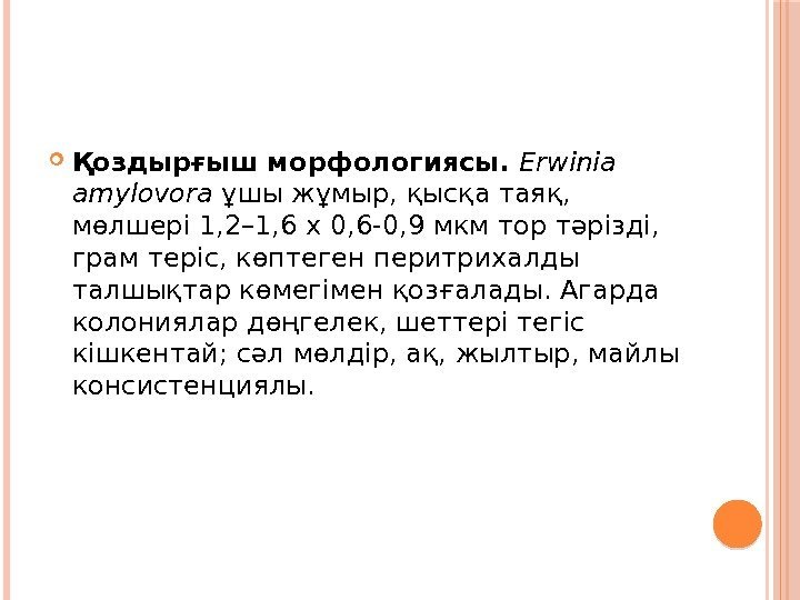  Қоздырғыш морфологиясы.  Erwinia amylovora ұшы жұмыр, қысқа таяқ,  мөлшері 1, 2–