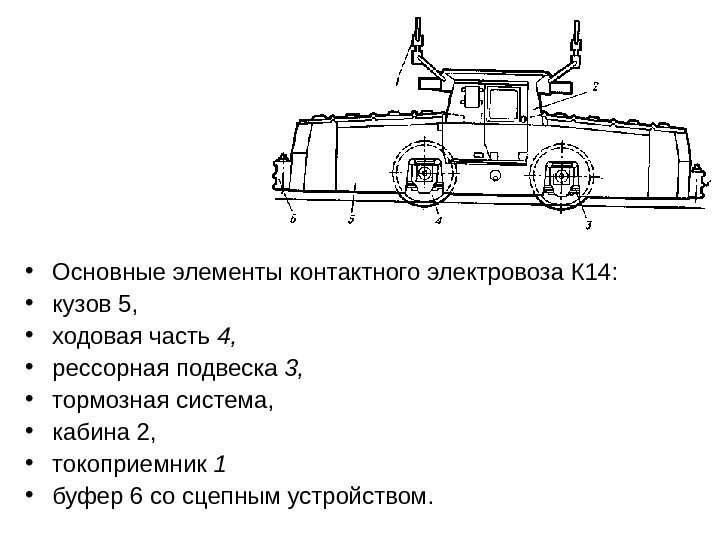   • Основные элементы контактного электровоза К 14:  • кузов 5, 