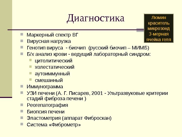 Диагностика Маркерный спектр ВГ Вирусная нагрузка Генотип вируса - биочип (русский биочип – МИМБ)