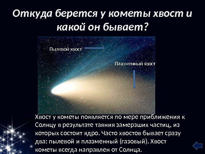 Откуда берется у кометы хвост и какой он бывает? Хвост у кометы появляется по