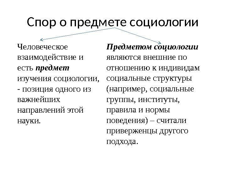 Спор о предмете социологии Человеческое взаимодействие и есть предмет изучения социологии,  - позиция