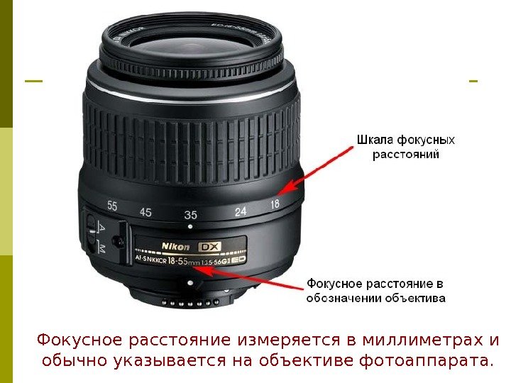 Фокусное расстояние измеряется в миллиметрах и обычно указывается на объективе фотоаппарата. 