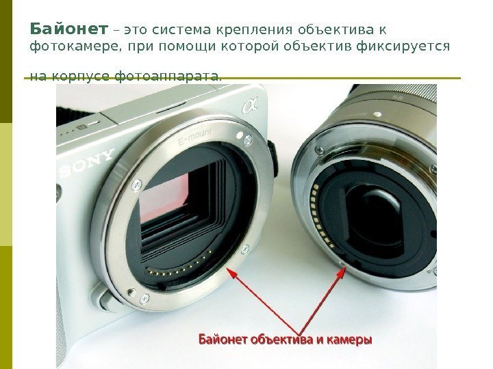 Байонет – это система крепления объектива к фотокамере, при помощи которой объектив фиксируется на