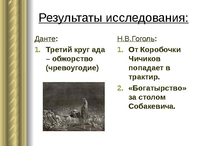 Результаты исследования: Данте : 1. Третий круг ада – обжорство (чревоугодие) Н. В. Гоголь