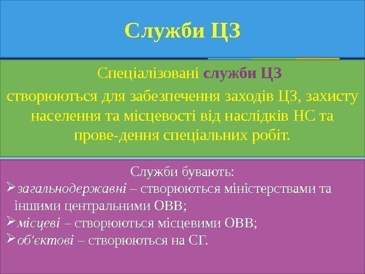 Служби. ЦЗ Спеціалізовані служби. ЦЗ створюються для забезпечення заходів ЦЗ, захисту населення та місцевості