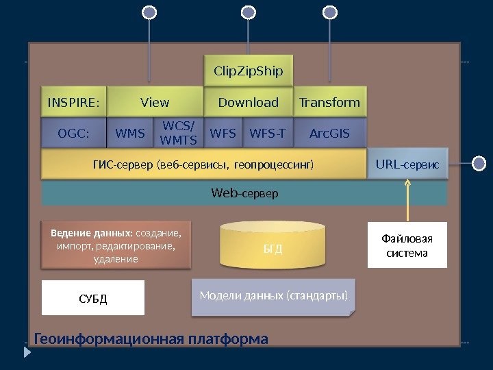 Геоинформационная платформа Модели данных (стандарты) СУБД БГДWeb- сервер. ГИС-сервер  (веб-сервисы ,  геопроцессинг)