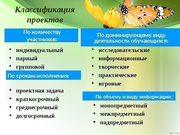 Классификация проектов По объему и виду информации: По срокам исполнения:  • монопредметный •