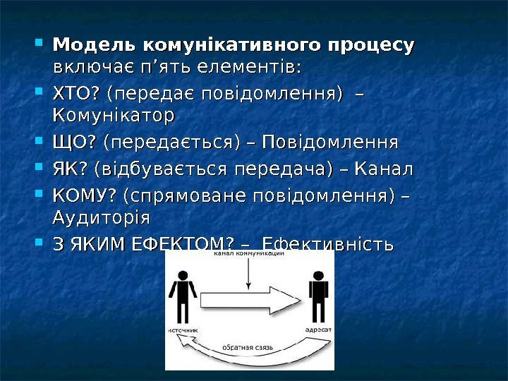  Модель комунікативного процесу  включає п ’’ ять елементів:  ХТО? (передає повідомлення)