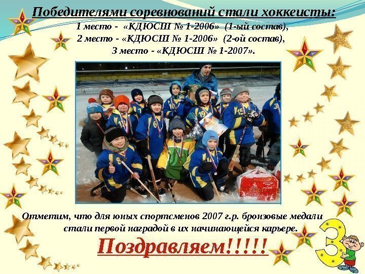 Победителями соревнований стали хоккеисты: 1 место -  «КДЮСШ № 1 -2006»  (1