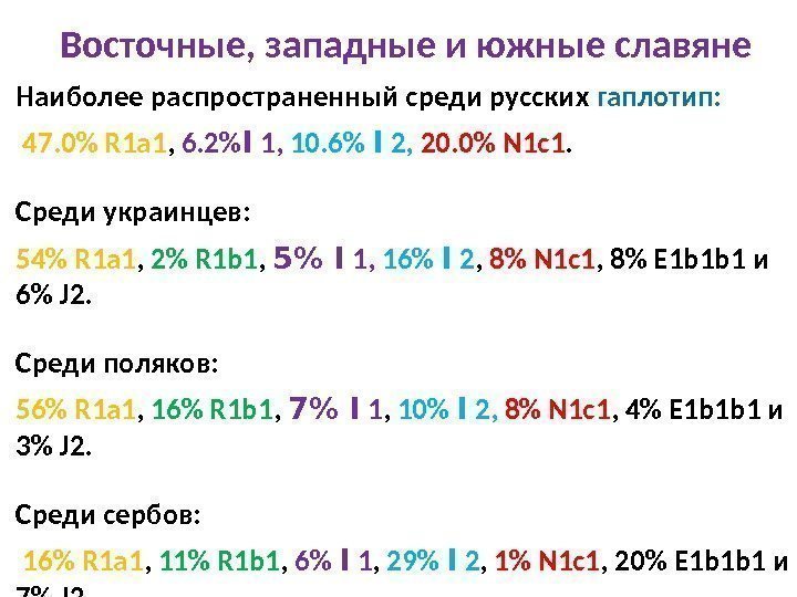 Восточные, западные и южные славяне Наиболее распространенный среди русских гаплотип:  47. 0 R